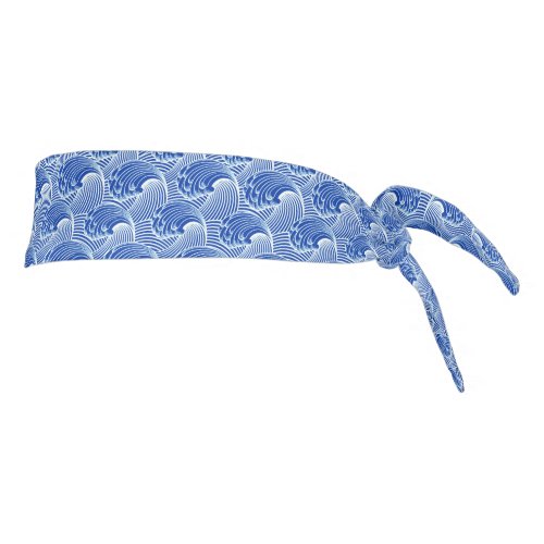Vintage Japanese Waves Cobalt Blue and White Tie Headband