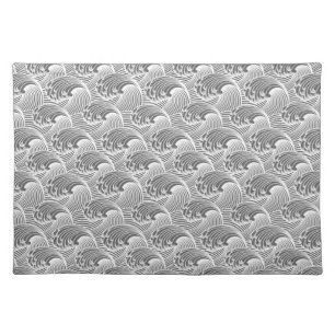 Vintage Japanese Waves, Gray / Grey and White  Cloth Placemat