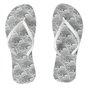 Vintage Japanese Waves, Gray / Grey and White Flip Flops