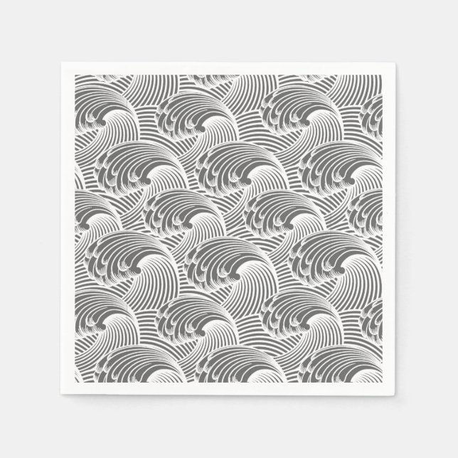 Vintage Japanese Waves, Gray / Grey and White Paper Napkins (Front)