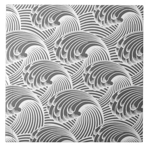 Vintage Japanese Waves Gray  Grey and White Tile