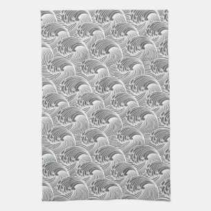 Vintage Japanese Waves, Gray / Grey and White Towel