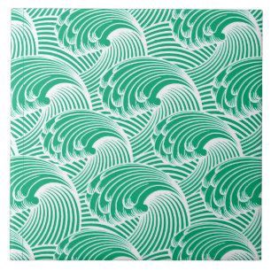 Vintage Japanese Waves, Jade Green and White Ceramic Tile