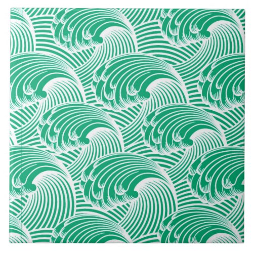 Vintage Japanese Waves Jade Green and White Ceramic Tile