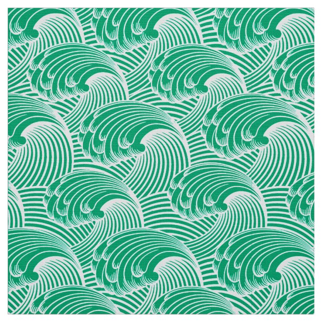 Vintage Japanese Waves, Jade Green and White Fabric (Swatch)