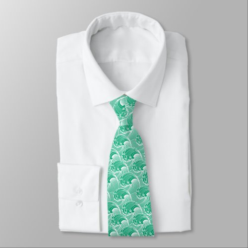 Vintage Japanese Waves Jade Green and White Neck Tie