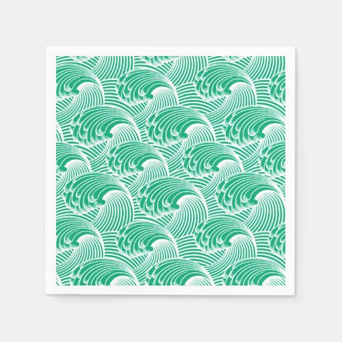 Vintage Japanese Waves Jade Green and White Paper Napkins