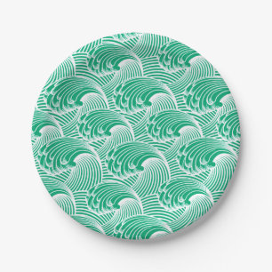 Vintage Japanese Waves, Jade Green and White Paper Plates