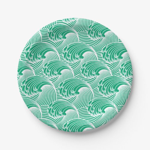 Vintage Japanese Waves Jade Green and White Paper Plates