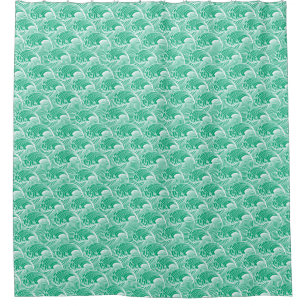 Vintage Japanese Waves, Jade Green and White Shower Curtain