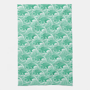 Vintage Japanese Waves, Jade Green and White Towel