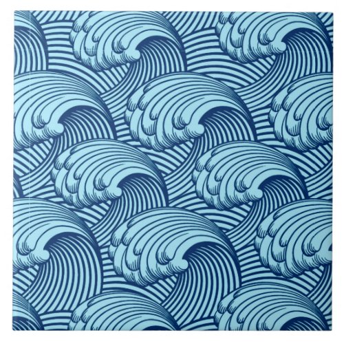 Vintage Japanese Waves Navy and Sky Blue Ceramic Tile