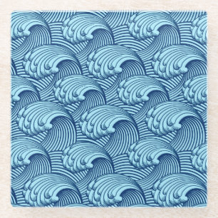 Vintage Japanese Waves, Navy and Sky Blue Glass Coaster