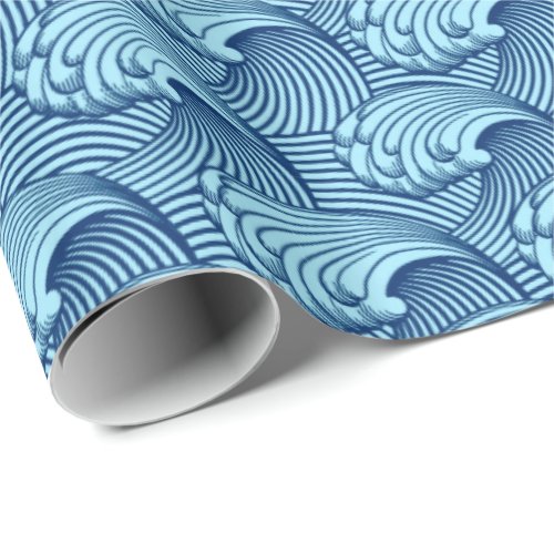 Vintage Japanese Waves Navy and Sky Blue Wrapping Paper