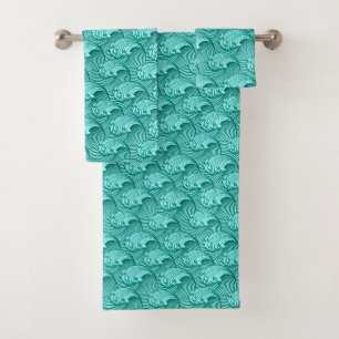 Vintage Japanese Waves, Turquoise and Aqua Bath Towel Set