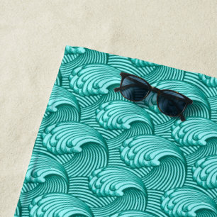 Vintage Japanese Waves, Turquoise and Aqua Beach Towel