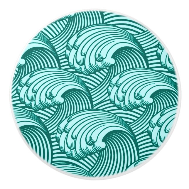 Vintage Japanese Waves, Turquoise and Aqua Ceramic Knob (Front)
