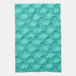 Vintage Japanese Waves, Turquoise and Aqua Kitchen Towel