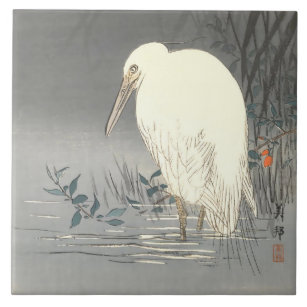 Vintage Japanese White Heron At Waters Edge Ceramic Tile