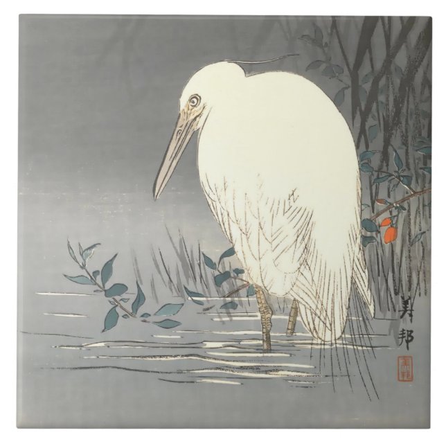 Vintage Japanese White Heron At Waters Edge Ceramic Tile (Front)
