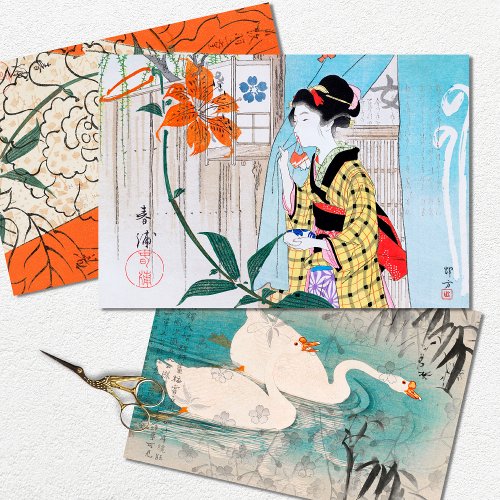 Vintage Japanese Woman Birds  Decoupage  Wrapping Paper Sheets