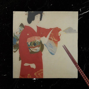 Vintage Japanese woman in red kimono Cloth Napkin