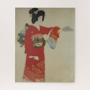 Vintage Japanese woman in red kimono Jigsaw Puzzle