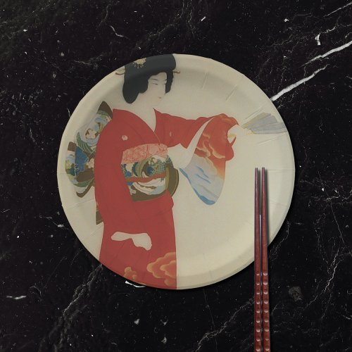 Vintage Japanese woman in red kimono Paper Plates