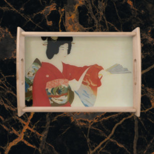 Vintage Japanese woman in red kimono Serving Tray