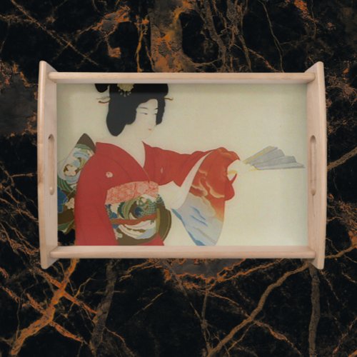 Vintage Japanese woman in red kimono Serving Tray