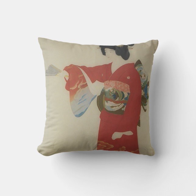 Vintage Japanese woman in red kimono Throw Pillow (Front)
