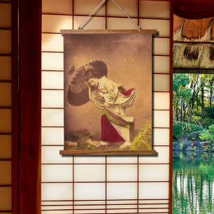 Vintage Japanese woman in the wind Hanging Tapestry