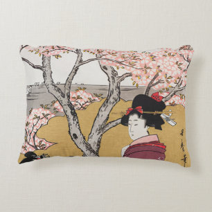 Vintage Japanese women and cherry blossoms Accent Pillow