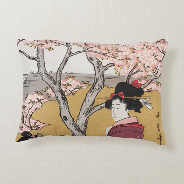 Vintage Japanese women and cherry blossoms Accent Pillow (Back)