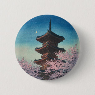 Vintage Japanese Woodblock Spring Evening Pagoda Button