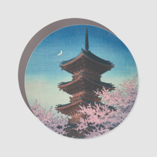 Vintage Japanese Woodblock Spring Evening Pagoda Car Magnet