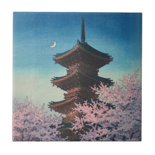 Vintage Japanese Woodblock Spring Evening Pagoda Ceramic Tile