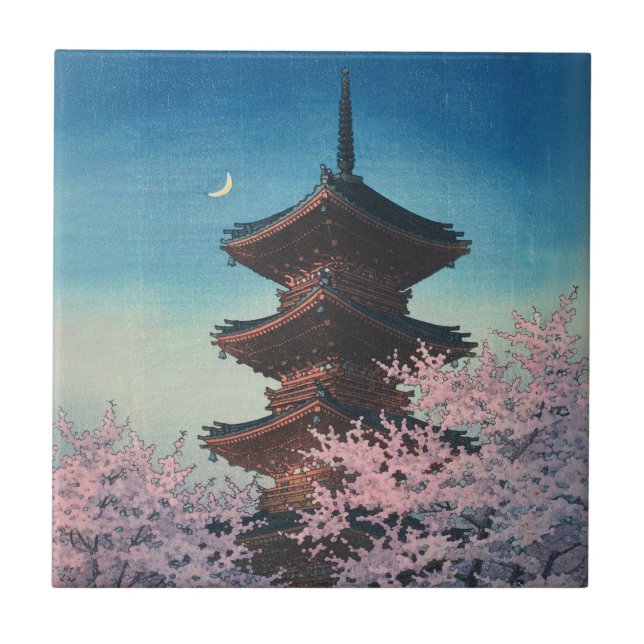 Vintage Japanese Woodblock Spring Evening Pagoda Ceramic Tile (Front)