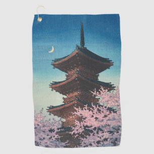 Vintage Japanese Woodblock Spring Evening Pagoda Golf Towel