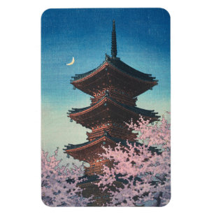 Vintage Japanese Woodblock Spring Evening Pagoda Magnet