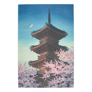 Vintage Japanese Woodblock Spring Evening Pagoda Metal Print