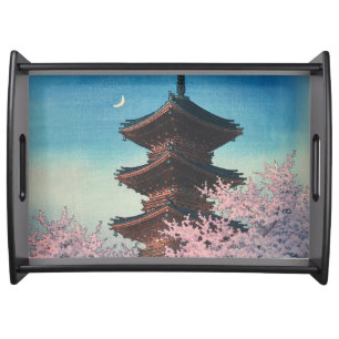 Vintage Japanese Woodblock Spring Evening Pagoda Serving Tray