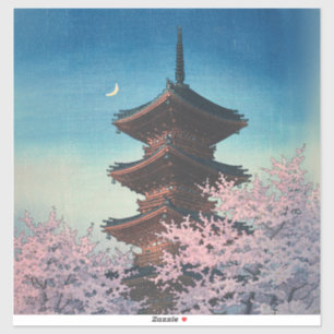 Vintage Japanese Woodblock Spring Evening Pagoda Sticker