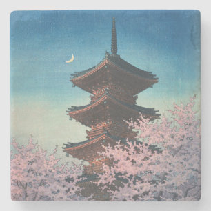 Vintage Japanese Woodblock Spring Evening Pagoda Stone Coaster