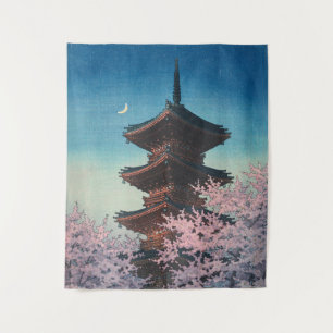 Vintage Japanese Woodblock Spring Evening Pagoda Tapestry