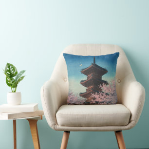 Vintage Japanese Woodblock Spring Evening Pagoda Throw Pillow