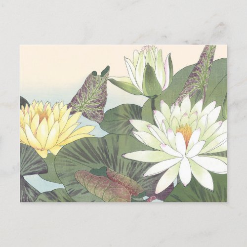 Vintage Japanese Woodblock White Lotus Flower Postcard