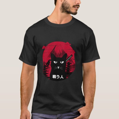 Vintage Japenese Black Cat Art Style Design T_Shirt
