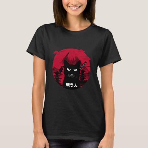 Vintage Japenese Black Cat Art Style Design T_Shirt