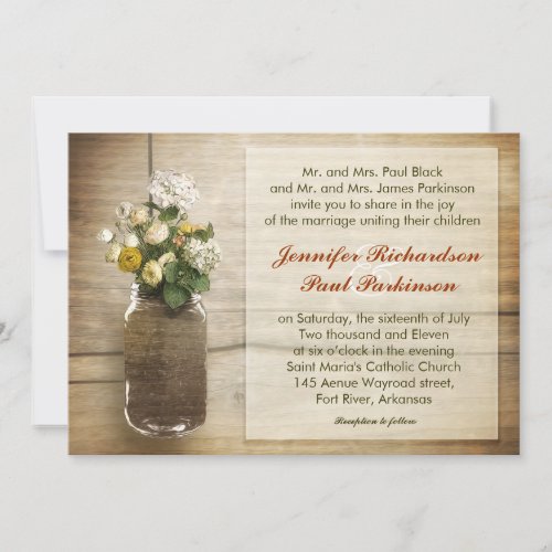 vintage jar with wild flowers wedding invitation
